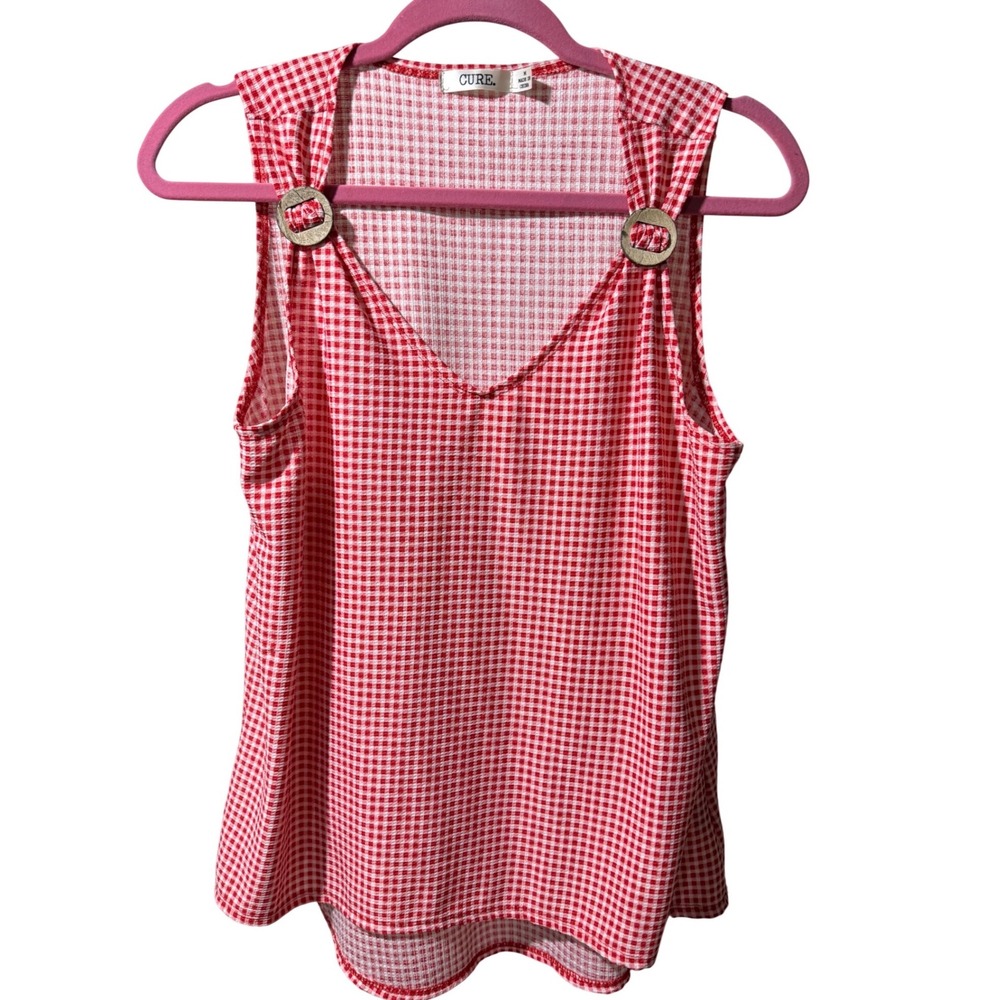 CURE Red White‎ Gingham V-Neck Sleeveless Tank Top Shoulder Buckle Accent Medium